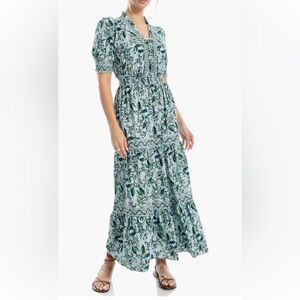 NWT Max Studio green and blue flutter sleeve floral tiered maxi dress